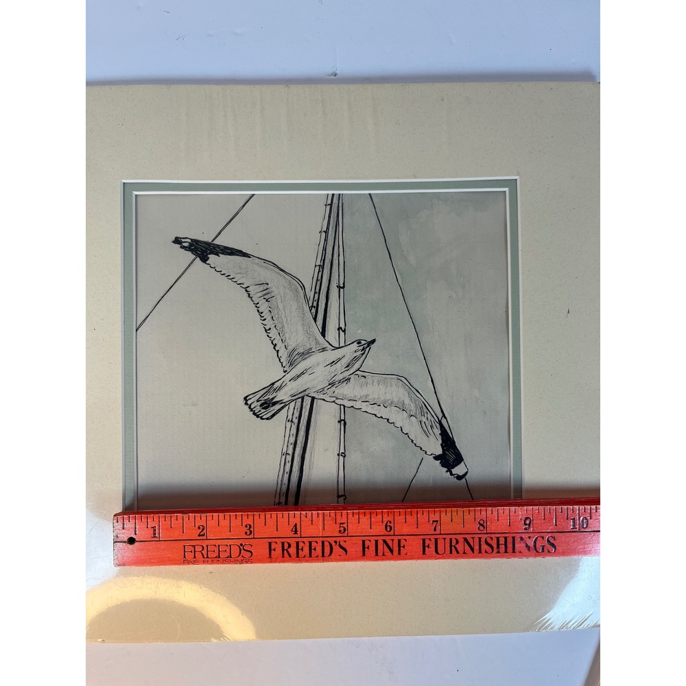Huffman Signed Seagull Ink Drawing Matted Nautical Bird Art 10x10 - Picture 4 of 5